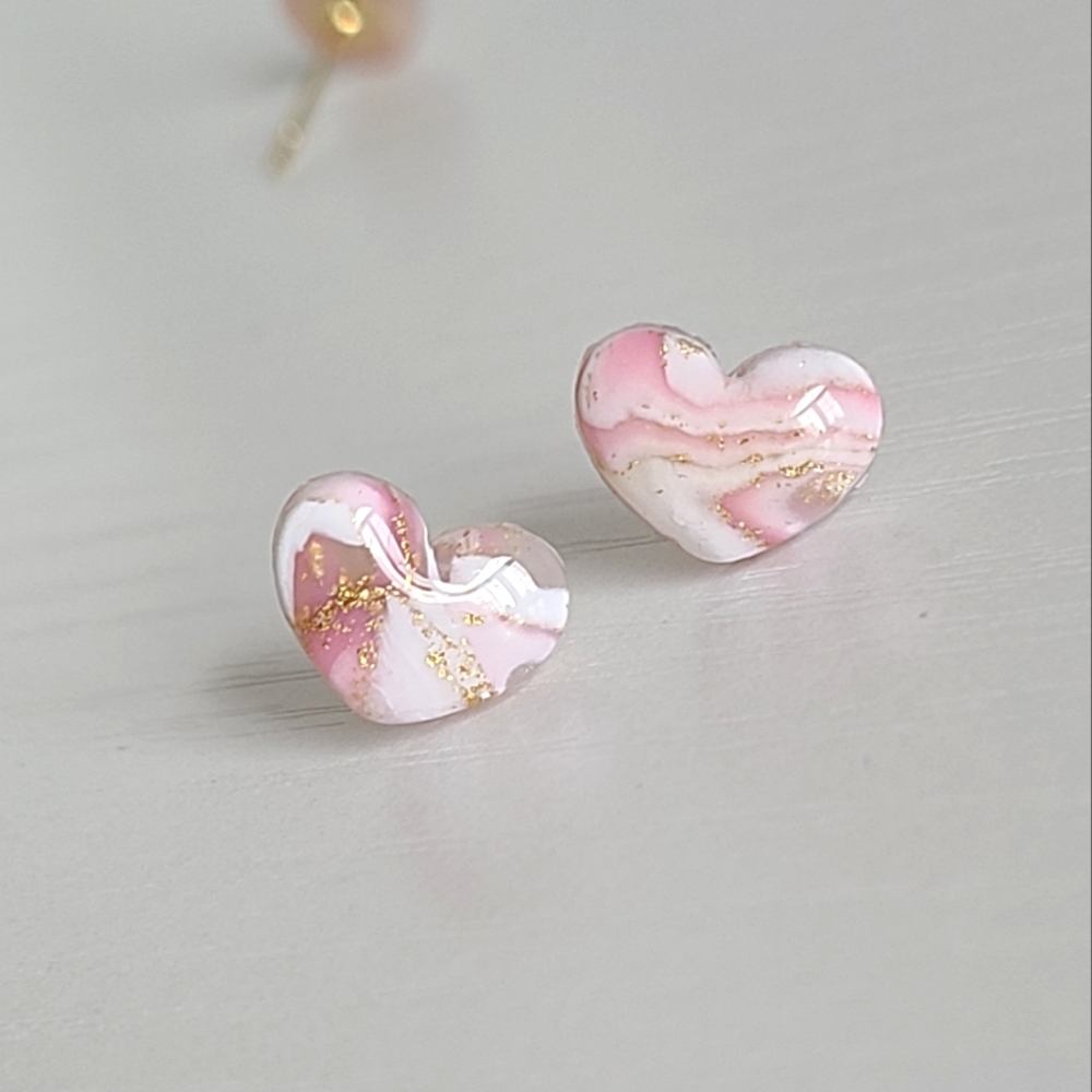 Boho Girly Dainty Mini Pink White Gold Agate Gemstone Puffy Heart Stud Earrings